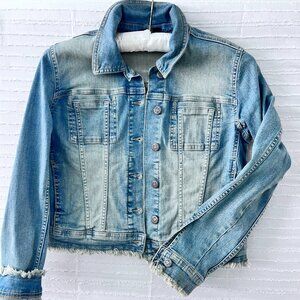 European Jean jacket size 38 , frayed edging, light to dark blue ombre